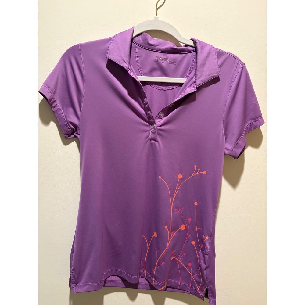 PING Performance Golf Polo Shirt Womens Small Purple Floral Graphic Short Sleeve